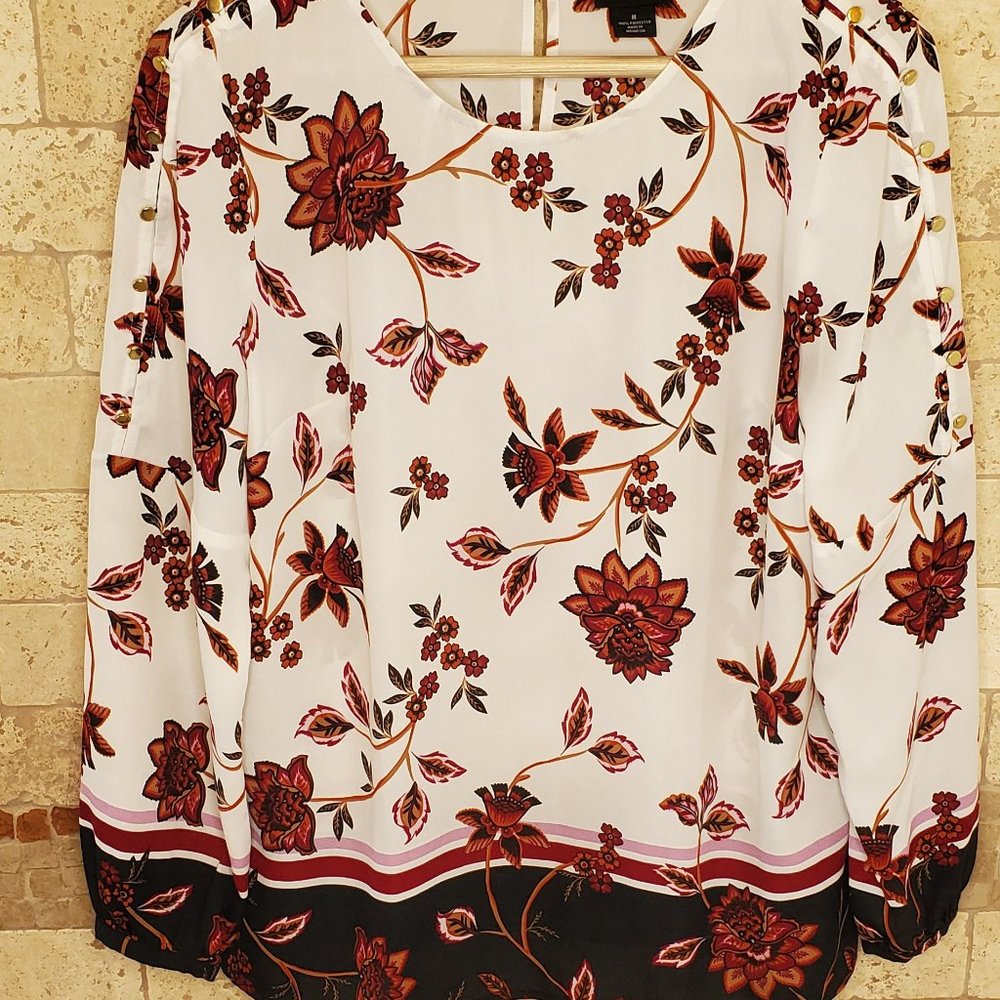 Liz Claiborne Woman M Top Floral Print U-Neck Long Sleeves Button Cuffs Tunic